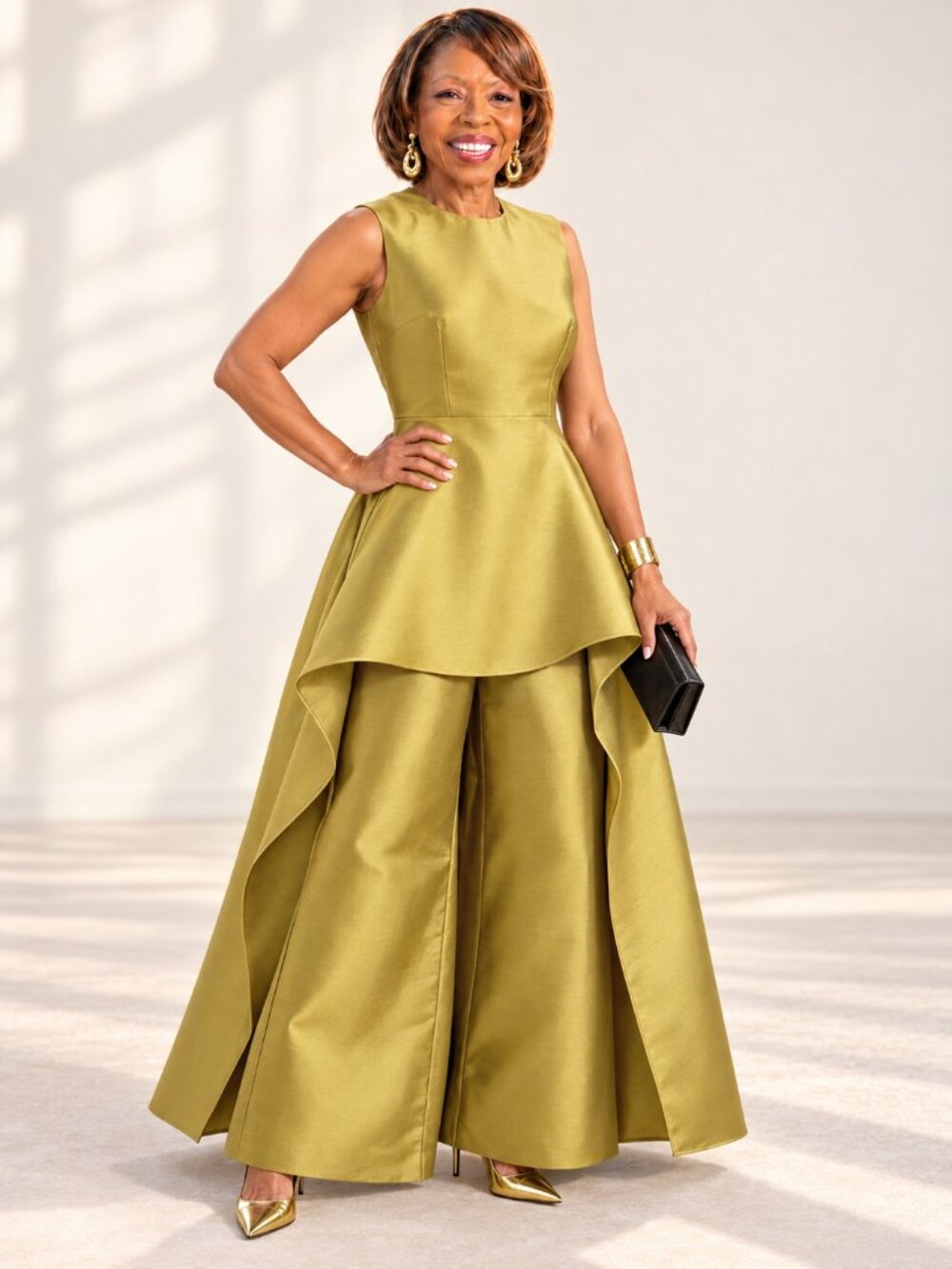 Golden Olive Layered Wide-Leg Formal Jumpsuit Size Large - Picture 7 of 11